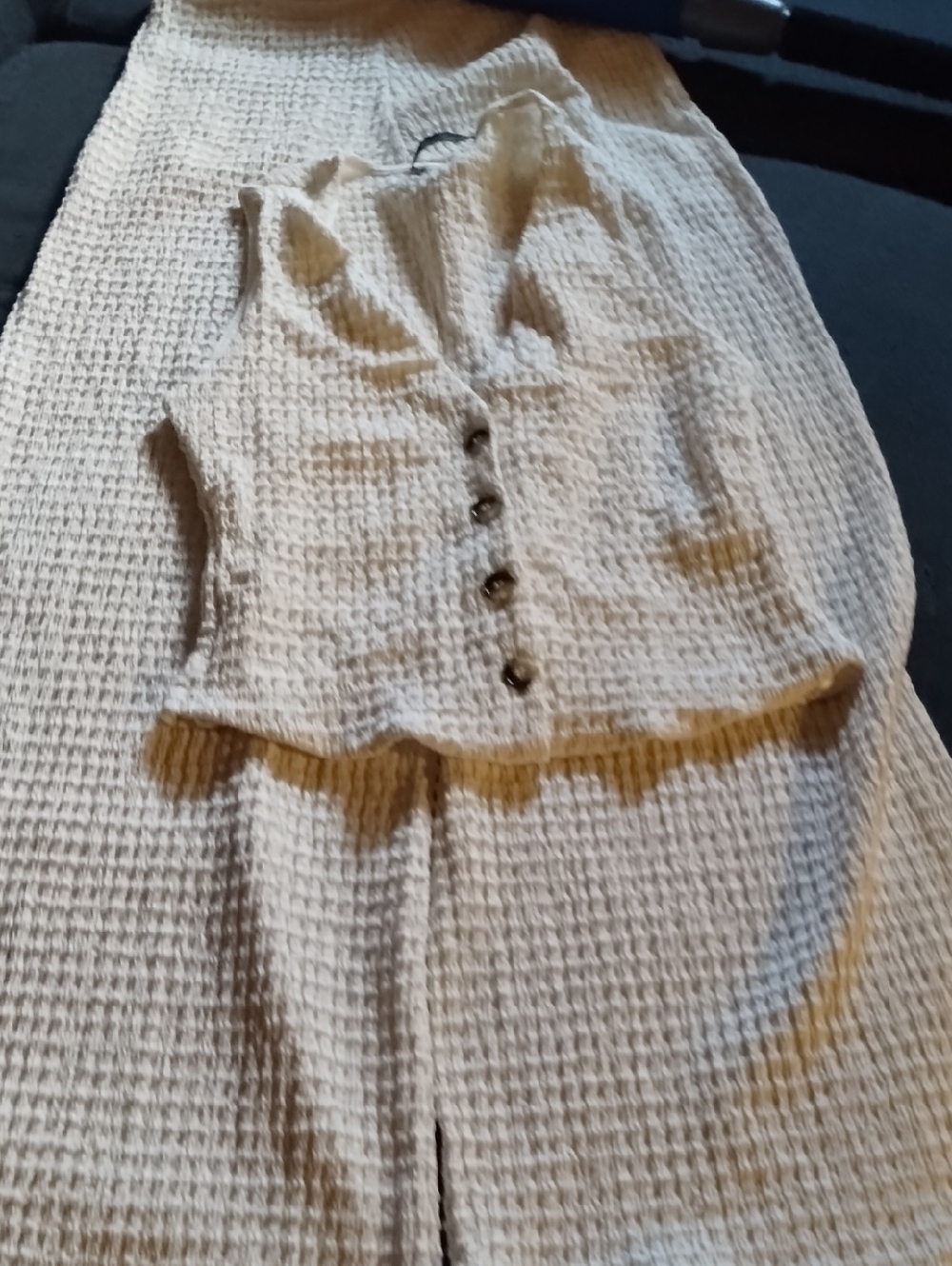 Cream Waffle Knit Wide-Leg Lounge Pants